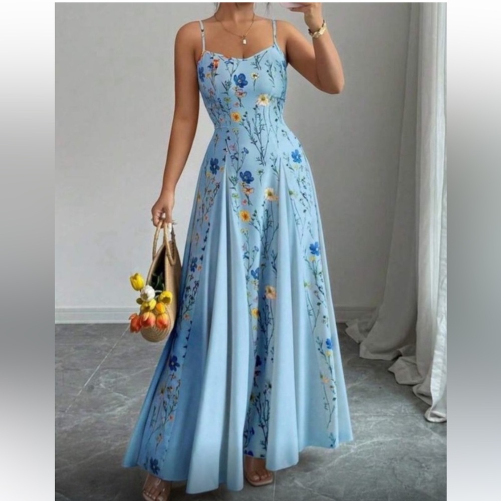 Light Blue Floral Spaghetti Strap Maxi Dress